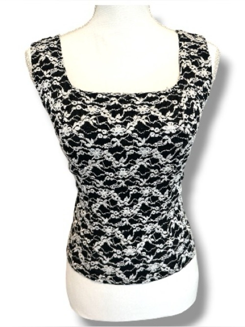 NICOLA Black White Lace Print Square Neck Stretch Tank Top Medium